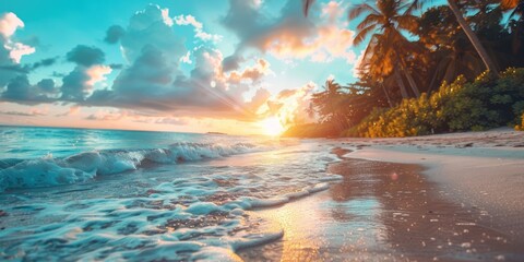 The sun dips below the horizon, casting a warm glow on the sandy tropical beach