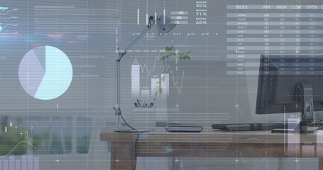 Image of statistical data processing against equipments on office desk