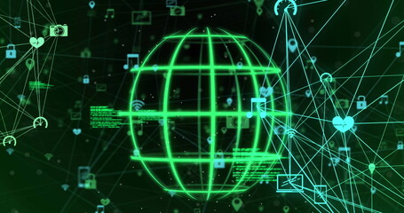 Image of globe rotating with connected mobile application icons and computer language