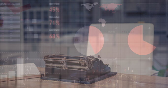 Image of statistical data processing against typewriter on office desk - Powered by Adobe