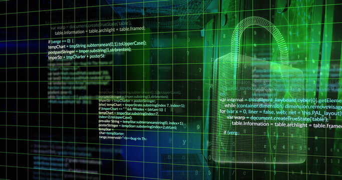 Image of padlock, computer language, letters, numbers and padlock over server room