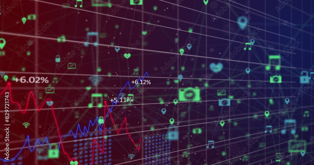 Poster Image of multiple graphs with changing numbers over connected icons over black background
