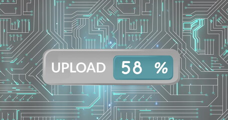 Image of upload and changing numbers in bar over circuit board pattern on gray background