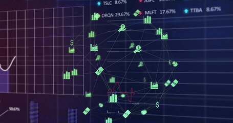 Image of connected icons forming globe with graphs and trading boards over black background