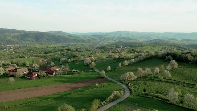 Aerial drone footage of a scenic, lush landscape near Hrinova, Slovakia, during springtime. Video shows blooming pear trees, green fields, and quaint houses, set against rolling hills. LuPa Creative