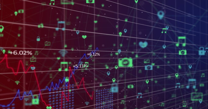 Image of multiple graphs with changing numbers over connected icons over black background