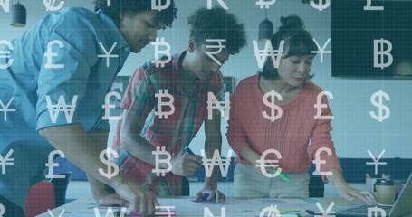 Image of multiple currency symbols over diverse architects sharing ideas on blueprint in office