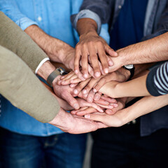 Business people, hands together and teamwork with meeting in collaboration, unity or synergy at...