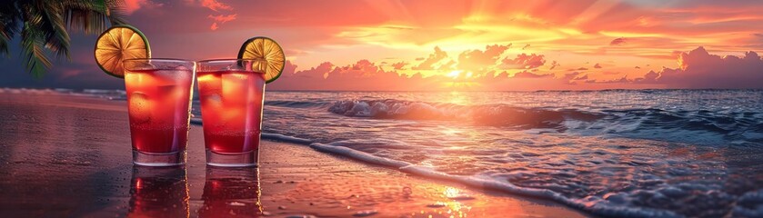 Fototapeta premium Two refreshing cocktails with lemon garnish on a sandy beach during a stunning sunset, creating a perfect tropical vacation scene.