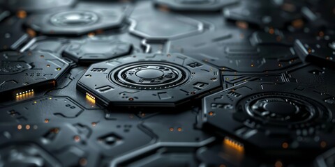 Detailed close up of a futuristic surface with intricate patterns and textures
