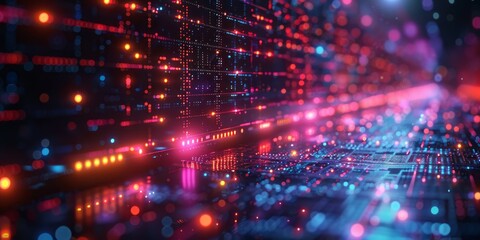 Fototapeta premium Computer screen displaying vibrant colorful lights in a dark room