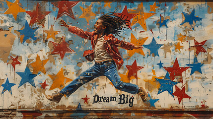 Street art featuring dynamic graffiti character leaping with joy surrounded by stars and the phrase Dream Big in bold encouraging ambition and imagination