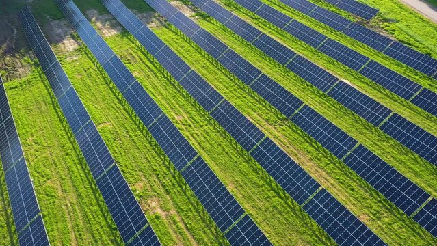 Rows of Solar Panels on a Gren field for renewable energy production, aerial view on golden hour