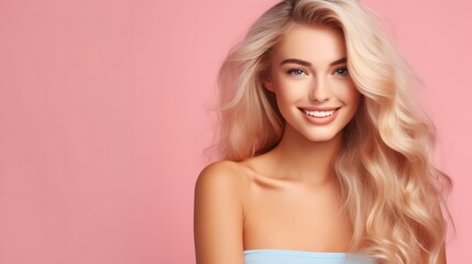 Naklejka premium Beautiful blonde woman with long hair smiling on pink background. Generative AI.