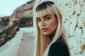 Fototapeta premium AI generated illustration of a blonde woman with long hair in black shirt on a street corner