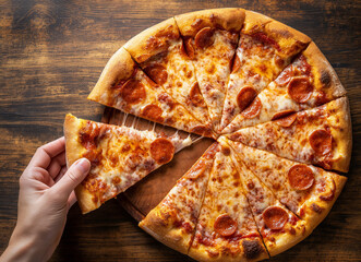 a hand takes a slice of pizza on a wooden board