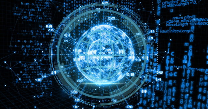 Image of globe with numbers rotating over binary codes and computer language