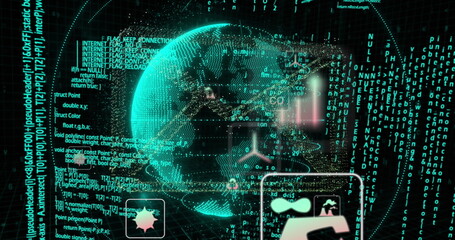Image of icons globe rotating over binary codes and programming language