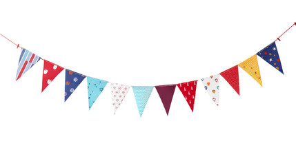 Obraz premium Colorful festive pennant banner with various patterns and colors, perfect for celebrations, parties, and events, isolated on transparent background.