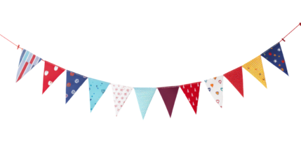 Colorful festive pennant banner with various patterns and colors, perfect for celebrations, parties, and events,  isolated on transparent background.