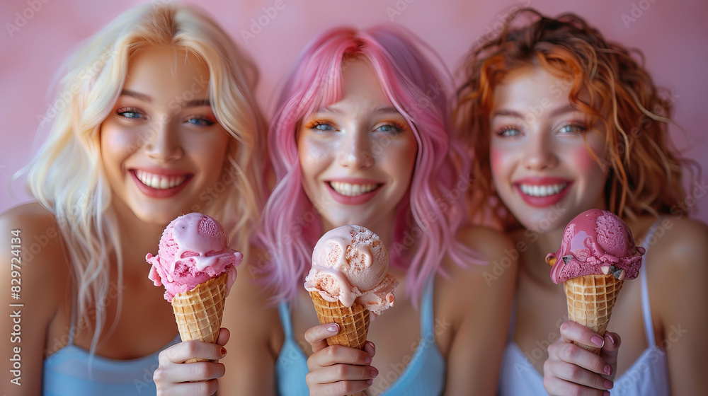 Wall mural close up portrait young women enjoying ice cream, each with different flavored cones, cute and funny