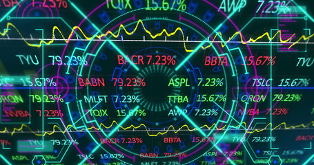 Image of stock market data and graphs moving over radar