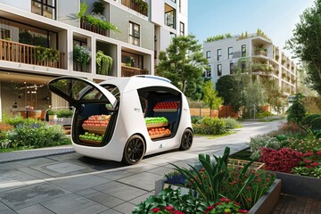 A concept image showing a futuristic automated grocery delivery vehicle on an urban street