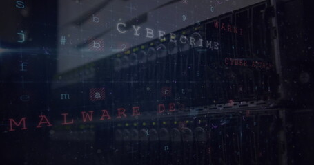Dark server room with floating text related to cybercrime and malware © vectorfusionart