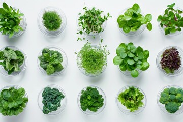 Various types of fresh edible green plants organized in white containers on a light background