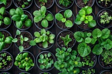 Young herbs and plants growing in an assortment of pots on a dark wooden surface, top view