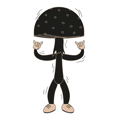 Hand Drawn retro Groovy style Toadstool isolated transparent background. Cute Hippie Cordel Mushroom on white backdrop in trendy Linocut style. Artistic vector design t-shirt print. Editable stroke.