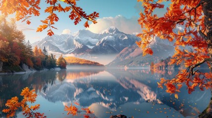 A serene mountain lake with snow-capped peaks reflected in the water, framed by autumn leaves.