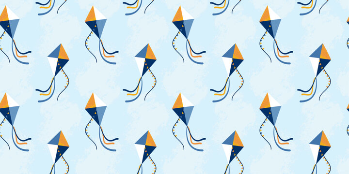 Seamless pattern with grunge textured kite and blue backdrop. For background, textile, wallpaper, wrapper, children apparel.