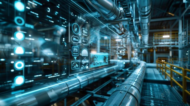 Conceptual image of a smart factory with digital interface overlays and pipes