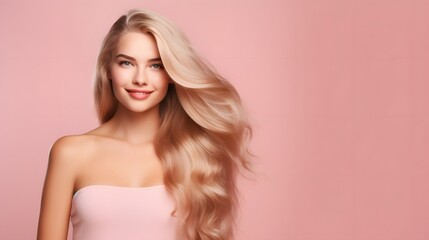 Naklejka premium Beautiful blonde woman with long hair smiling on pink background. Generative AI.