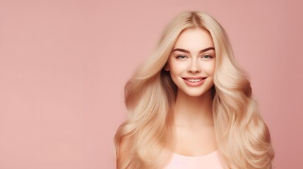 Naklejka premium Beautiful blonde woman with long hair smiling on pink background. Generative AI.