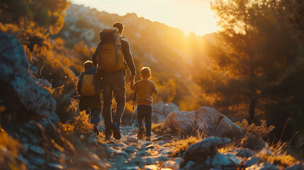 Father and two children walking down a trail