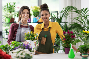 Young florists working together and smiling