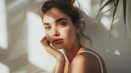 A young woman in a thoughtful pose with striking shadow patterns on her face and white attire