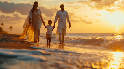 Indian family walking on beach at sunset
