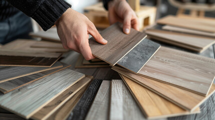 Designer showing furniture and flooring material samples for interior design