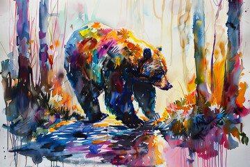 Obraz premium Colorful watercolor painting of a bear in a vibrant forest
