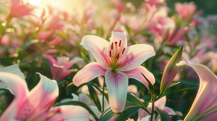 Fototapeta premium Spring landscapes background. Pink white lilium candidum, Madonna lily In Bloom Of Spring Cinematography