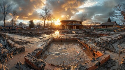 A muddy construction site bathed in sunset light with standing water reflecting the sun - Powered by Adobe