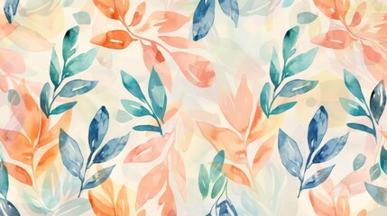 Watercolor seamless pattern with abstract leaves in blue, green, and orange hues on a light yellow background.
