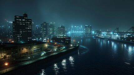 Cityscape at night with illuminated buildings and river reflections