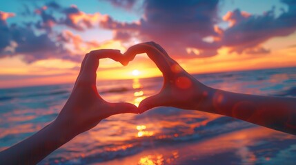 Romantic sunset viewed through a heart shape made by couple's hands, emphasizing love and connection. Generative Ai