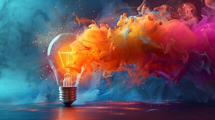 A dynamic scene with a light bulb and an explosion of orange and red paint-like smoke creating an abstract artistic effect