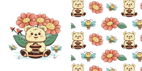 A children's drawing with a cute teddy bear, bees and large bright flowers. Seamless background, cute vector texture for baby bedding, fabric, wallpaper, wrapping paper, textiles and more.