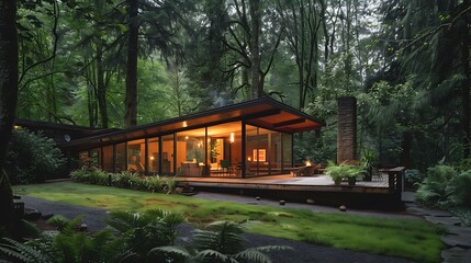 Obraz premium Elegant Luxury Timber Frame House Nestled in Scenic Landscape: Modern Architecture Blending Natural Wood and Contemporary Design for Ultimate Comfort and Sophistication